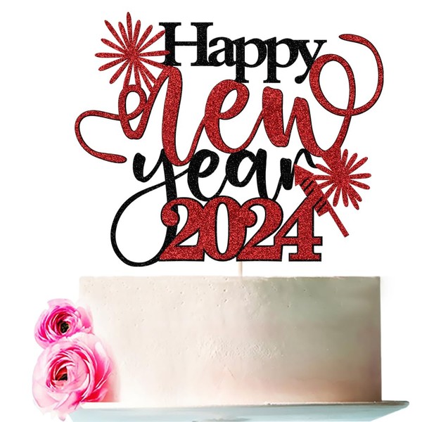 bejotaa Happy New Year 2024 - Decoración tartas de Año Nuevo Feliz Año Nuevo 2024 suministros para fiestas de Feliz Año Nuevo 2024 decoración para fiestas de Año Nuevo (Feliz Año Nuevo Negro y Rojo)
