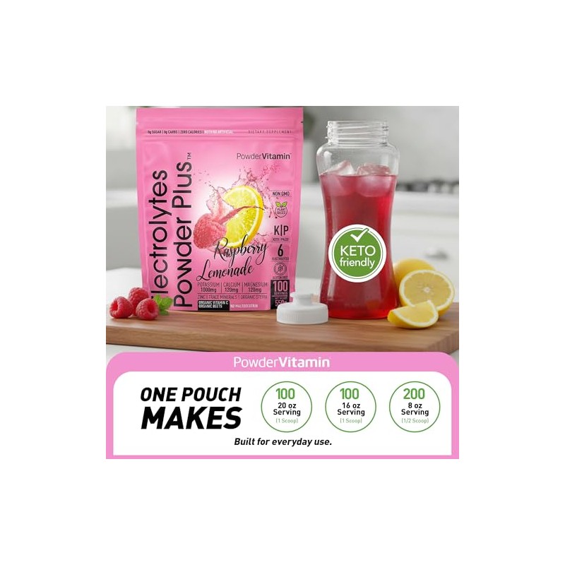 PowderVitamin Electrolitos en polvo Plus (100 porciones) Limonada de frambuesa