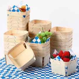 Thyle 60 Pcs/30 Sets One Pint Wood Berry Basket with Wax Paper Sheets 4 Inch Square Vented Wood Boxes Small Basket Container with Deli Paper for Gifts Fruit Picking Berry Camping (Plaid,Blue)