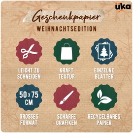 Üka • Christmas Gift Wrapping Paper + Accessories Pack of 6 Sheets 50x75cm Paper for Medium and Small Gifts Kraft Wrapping Paper with 10 Decorative Bows 20m Jute Rope and Tape