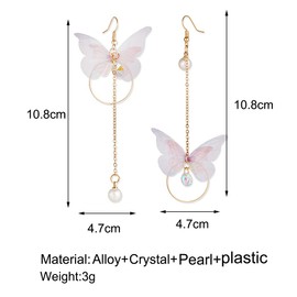 Long Butterfly Chain Tassel Drop Dangle Earrings for Women Asymmetric Butterfly Pearl Circle Pendants Earrings Colored Tulle Butterfly Wings Earrings, Zinc, no inlay