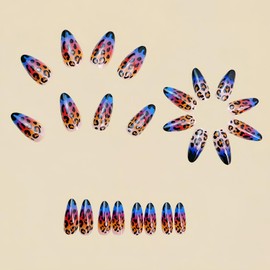 Almond Press on Nails Medium Fake Nails Shiny Glue ons Nails with Blue Orange Blurred Leopard Print Design Acrylic Nails Fall Glossy False Nails 24Pcs Summer Nails Stick on Nails for Women Manicure