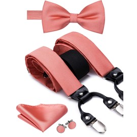 Dubulle Mens Coral Suspenders and Pre tied Bow Tie with 6 Clips Pocket Square Y Shape Adjustable Braces