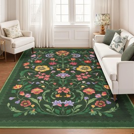Washable Rug 9x12 Area Rugs for Living Room, Protea Floral Rug for Bedroom, Soft Vintage Non Slip Throw Rugs with Rubber Back, Low Pile Stain Resistant Boho Floral Carpet for Dining Room, Forest Green