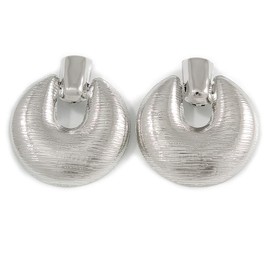 Large Round Textured Clip On Earrings/Silver Tone/60mm L
