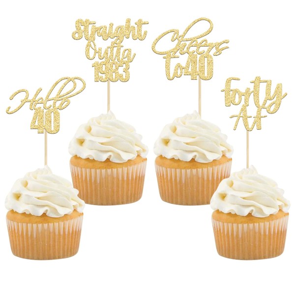 Gyufise - Juego de 48 adornos para cupcakes, diseño de Hello 40, con purpurina, 40 unidades, color dorado
