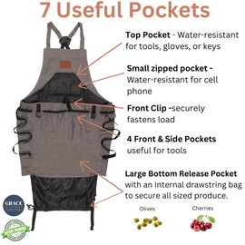 Grace and August Gardening Apron with Pockets for Women & Men - Garden Apron 7 Pockets & Internal Drawstring Bag - Great Gift for Gardener (Grey Pumpkin)