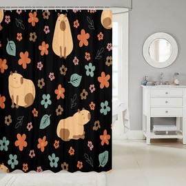Cute Capybara Kids Shower Curtains,Funny Rodent Animals Lovers Bathroom Curtains for Boys Girls Adults,Flowers Leaves Romantic Watercolor Cartoon Waterproof Curtains,12 Hooks Suits,72"W x 72"L