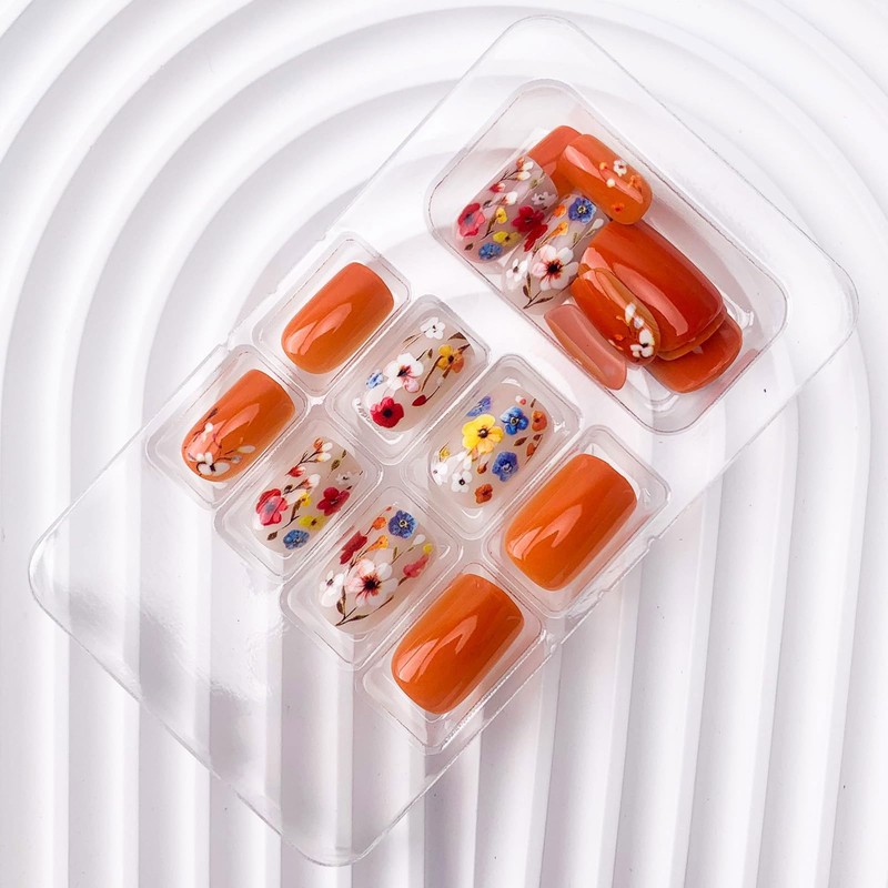Auiremrti 24 Pieces Flower Press-On Nails, Short Square Spring Nails,