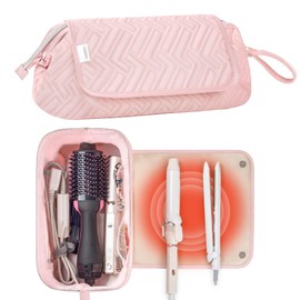 Leudes Hair Tools Travel Bag for Women Heat Resistant Mat for Travel Essentials Hot Tools Straighteners,Flat Irons,Curling Iron,Hot Air Brushes and Hair Dryer Organizer Bags 2 in 1(Pink)