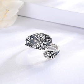925 Sterling Silver Dragonfly Butterfly Spoon Ring Adjustable Vintage Flower Thumb Antique Boho Style Jewelry Gifts for Women, Sterling Silver, No Gemstone