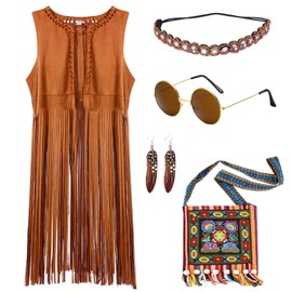 Suffolly Hippie Costume for Women 70s Costume Women Fringe Vest Sleeveless Years Hippie Costumes Set Outfit 70s 80s for Carnival Masquerade Festival Outfit (XS)