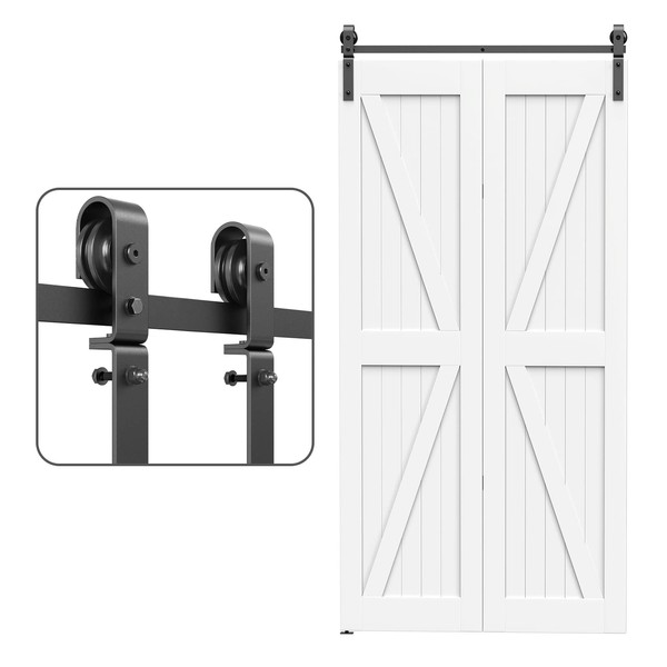 ROOMTEC Bi-Folding Sliding Barn Door Hardware Track Kit, Black Roller Kit for Doors, J Shape(No Door) (2 Doors-2.5 FT-J Shape)