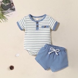 Gobuuly Newborn Baby Boy Summer Clothes Striped Waffle Short Sleeve Romper and Shorts Set Infant Knit Outfit (Blue,0-3 Months)