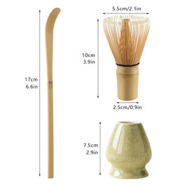 Matcha Tea Set Bamboo Matcha Whisk, Ceramic Whisk Holder, Tea Scoop, Japanese Matcha Tea Tool Kit Set of 3(Matcha Green)