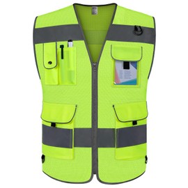 TCCFCCT Mesh High Visibility Vest 9 Pockets Reflective Safety Work Vest for Men Women, Hi Vis Construction Vest with Reflective Strips, Meets ANSI/ISEA Standards, (CA-Yellow Large)