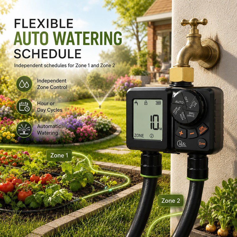 GIEX Rechargeable Sprinkler Timer 2 Zone, Programmable Water Hose Timer