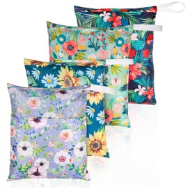 4 Bolsas Húmedas Impermeables Bolsa Seca Húmeda Lavable Sellada Reutilizable Bolsa de Pañales Húmedos con Asa para Viajes Playa Trajes de Baño Mojados Pañales (Flor, 16 x 19.7 Pulgadas)