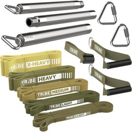 Tribe Lifting Long Resistance Bands – 5 Strength Levels, Durable Loop Bands for Pull-Ups, Strength Training & Rehab – Carry Bag Included - Color: Green Set with Resistance Band Bar