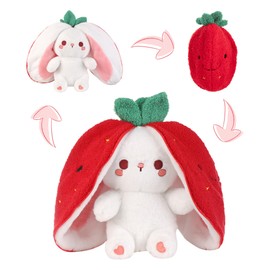 Edencomer Hasen Verstecken, Erdbeer-Hase Plüschtier mit Reißverschluss - Verwandelt Sich durch Umklappen in Kuschelhasen, Oster Geschenk für Kinder (10inch/ 25cm)
