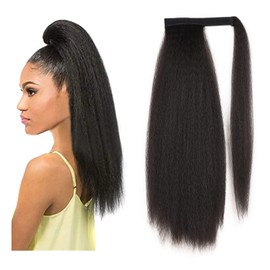 Long Afro Kinky Straight Ponytail Wrap Around Yaki Straight Pony Tails Extensions, Clip in Ponytail Extension, Magic Paste Ponytail for Black Women, Girls (#2 /dark brown)