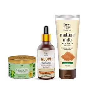 TNW-The Natural Wash Combo of 3 with Glow Face Serum, Multani Mitti Face Wash & Pure Aloe Vera Gold Gel | For Glowing & Hydrated Skin | Suitable for Oily Skin