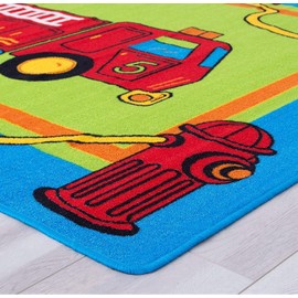 Champion Rugs Kids/Baby Room/Daycare/Classroom/Playroom Fire Truck Extending Rescue Rotating Ladder Fire Hose Fun Educational Non-Slip Gel Back Area Rug (5 Feet X 7 Feet)