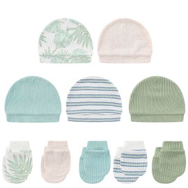 MAMIMAKA Newborn Baby Hats Mittens Set Cotton Beanie Caps and No Scratch Mitten Gloves for Baby Boy Girl, 0-6 Months