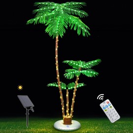 OUSHENG Solar Lighted Palm Tree for Outside Patio, 6' 3 Trunks Outdoor Christmas Decoration Decor, Light Up LED Artificial Trees Lights for Bar Home Party Yard Pool Porch Deck Tropical
