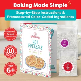 Baketivity Kids Baking Set, Meal Cooking Party Supply Kit for Teens, Real Fun Little Junior Chef Essential Kitchen Lessons, Includes Pre-Measured Ingredients (Kit +Hat & Apron, Pretzel)
