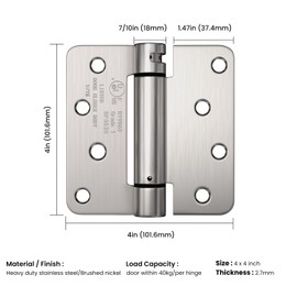 Haidms 2 Pack Self Closing Door Hinges 4" Brushed Nickel Spring Hinge with 1/4'' Radius Corner Adjustable Tension for Heavy Duty Exterior Interior Front Door