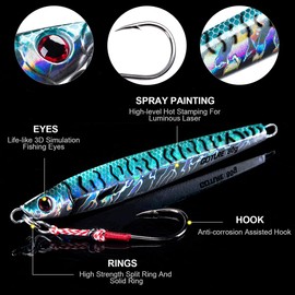 Goture Long Jig Set, 3.5 oz (100 g), Luminous Jig Pa Vertical Offshore Jigging, Sea Bass, Red Snapper Yellowtail, Yellowtail, Amberjack, Sea Bass, Sea Bass, Sea Fishing, Boat Fishing, Lure Set, 3