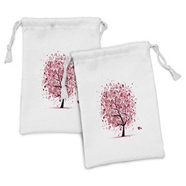 Lunarable Tree of Life Fabric Pouch Set of 2, Ornate Valentine Swirled Hearts and Doodles in Love Future Couple, Small Drawstring Bag for Toiletries Masks and Favors, 9" x 6", Pink White