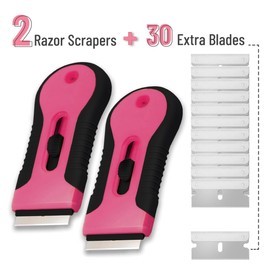 Bates- Razor Blade Scraper Tool Set, 2 Pack, Black & Pink, 30 Extra Stainless Steel Blades, Anti-Slip Ergonomic Handle Design, Razor Scraper Tool for Glass