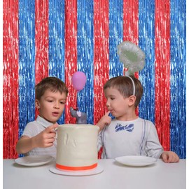 Fachoige 3.2ft x 6.6ft Metallic Tinsel Foil Fringe Curtains Wedding for Birthday Engagement Bridal Shower Bachelorette Holiday Celebration Party Decorations (L-Blue and Red, 3 Pack)