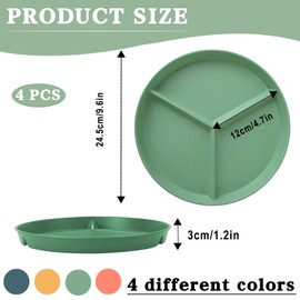 WYTNB 9.6inch Divided Dinner Plates Set, 4Pcs Three Grid Portion Control Plates, Unbreakable Section Plates, Reusable Divided Plates, Plastic Picnic Plates for Kids or Adults