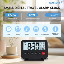 KANBIT Small Digital Travel Alarm Clock, Large LCD Display Front Button with Date & Temperature, Snooze and 8 Seconds Backlight AAA Battery Operated Desk Clock for Home & Office, Black