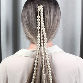 Wekicici Hair Extension Chain Pearl Tassel Hair Chain with Clips Party Gatsby Fashion Wedding Hair Accessories for Women and Girls, white