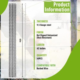 MorningRo 50 Pcs 42 Inch Wire Fence Stays Galvanized Stay High Strength Fencing Ranch Barbed Wire Critter Deterrent for Barbed Barbless Heavy 9-1/2 Gauge Steel