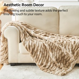 BEDELITE Faux Fur Throw Blanket for Couch, Soft and Cozy Boho Ruched Fluffy Blanket, Warm Plush Fuzzy Faux Rabbit Fur Blanket for Fall and Winter (Khaki, 50"x 60")