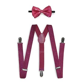 Dark Pink Color Mens & Women Wedding Accessories Sequin Adjustable Bow Tie & Glitter Suspenders