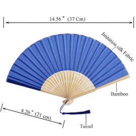 SL crafts 50 Sets Imitated Silk Hand Fan with Tassel and Organza Bags Bamboo Handle Fabric Folding Fans Bridal Dancing Props Wedding Party Favors (Royal Blue)