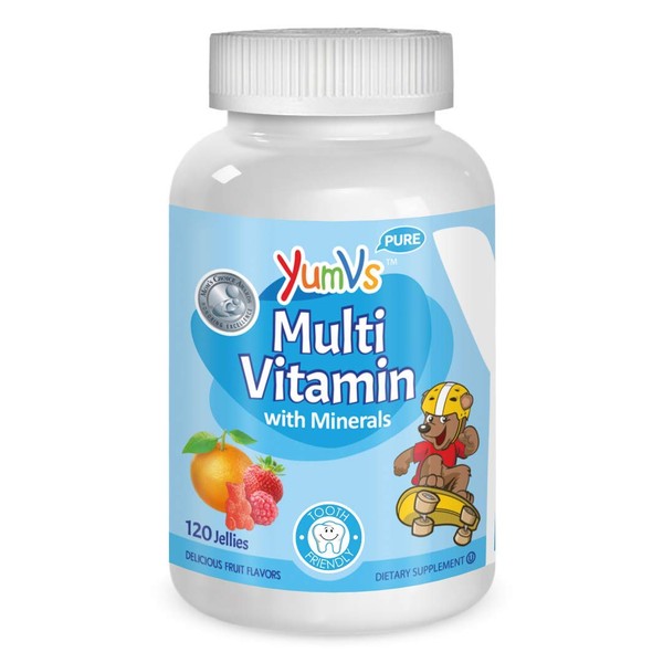 YUM-V's MultiVitamin Chewable Kids Jellies (Gummies), Fruit Flavor (120 Ct); Dietary Supplement w/Vitamins & Minerals – Vitamin D 600 IU, Vitamins B12, B6, E, C, A, Zinc, Kosher, Halal, Gluten Free