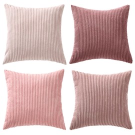 Volcanics 4 Packs Pink Cushion Covers 45x45 cm (18x18 Inch) for Living Room Couch Bed Sofa, Rustic Farmhouse Boho Home Decor, Soft Plush Striped Corduroy Square Throw Pillow Covers