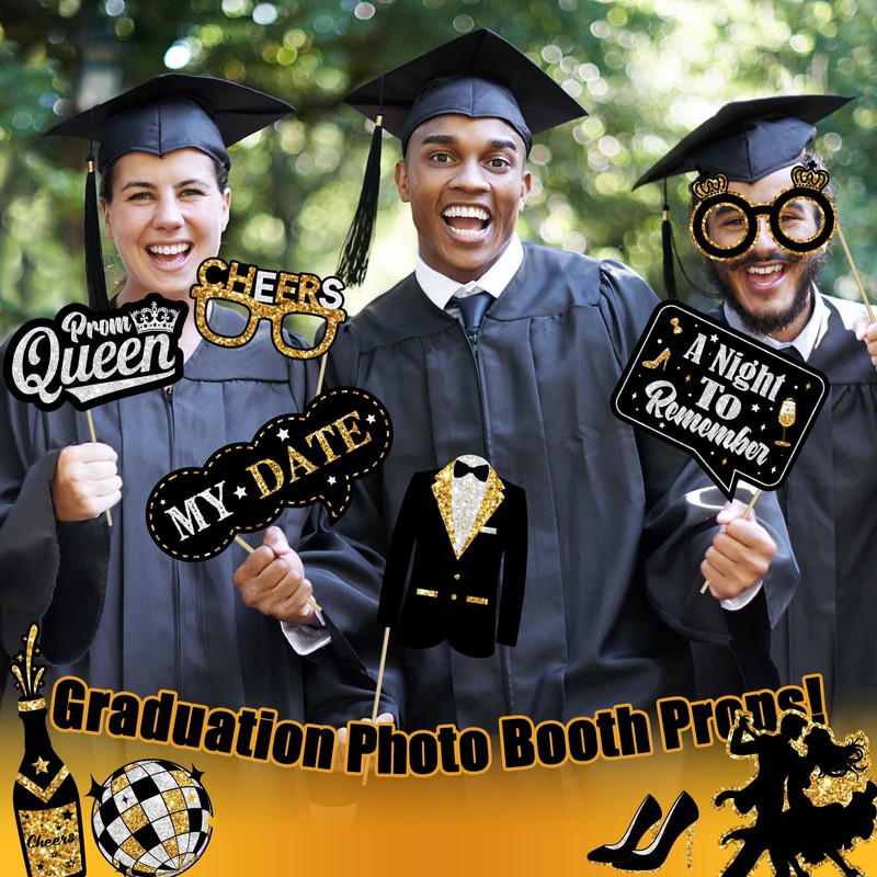 Prom Photo Booth Props, 39Pcs Black Gold and Silver Prom