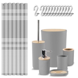 Britimes Bathroom Accessory Sets, Grey Shower Curtain Set with Trash Can, Soap Dispenser, Toilet Brush Holder, Toothbrush Holder and Toothbrush Cup for Bathroom Decor
