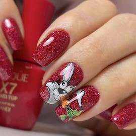LBPEPAMZ 24Pcs Easter Day Press on Nails Short Square Fake Nails with Rabbit Carrot Designs Red Glitter Full Cover Glossy False Nails Wine Red Cute White Rabbit Stick on Nails for Women Manicure Decor