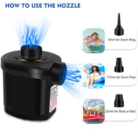 Electric Air Pump for Inflatables, 2800mAh Air Mattress Pump Portable 3 Nozzles & Quick-Fill Pump Bed Air for Inflatables, Pool, Camping, Inflatable Cushions, Boats, Swimming Ring, Inflator, Blower