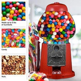 Vintage Gumball Machine - 11-Inch Retro-Style, Coin-Operated Cast Metal Vending Machine with Glass Globe and Free Spin by Great Northern Popcorn (Red)