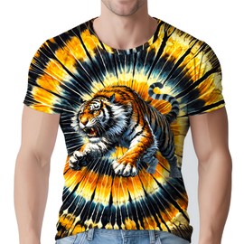 Ugtewxu Tie Dye Tiger Shirts for Men's 70s 80s 90s Retro Hippie Rainbow Short Sleeve Tees Washable Vintage Festival Clothing X-Large